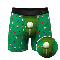 Green golf-themed boxer briefs with Ball Hammock® pouch and golf ball print – front view