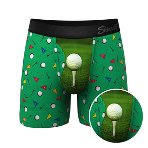 Green golf-themed boxer briefs with Ball Hammock® pouch and golf ball print – front view