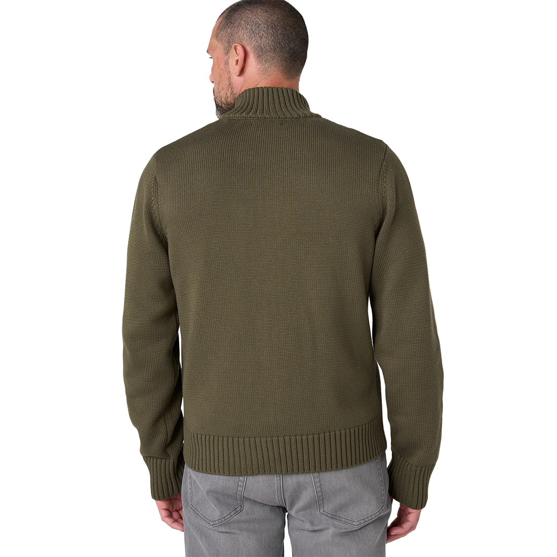 Back view on model of the olive textured knit sweater showing the tall collar and ribbed hem