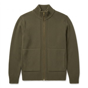 Flat lay of an olive full zip knit sweater with ribbed stand collar, brass zipper and two front pockets