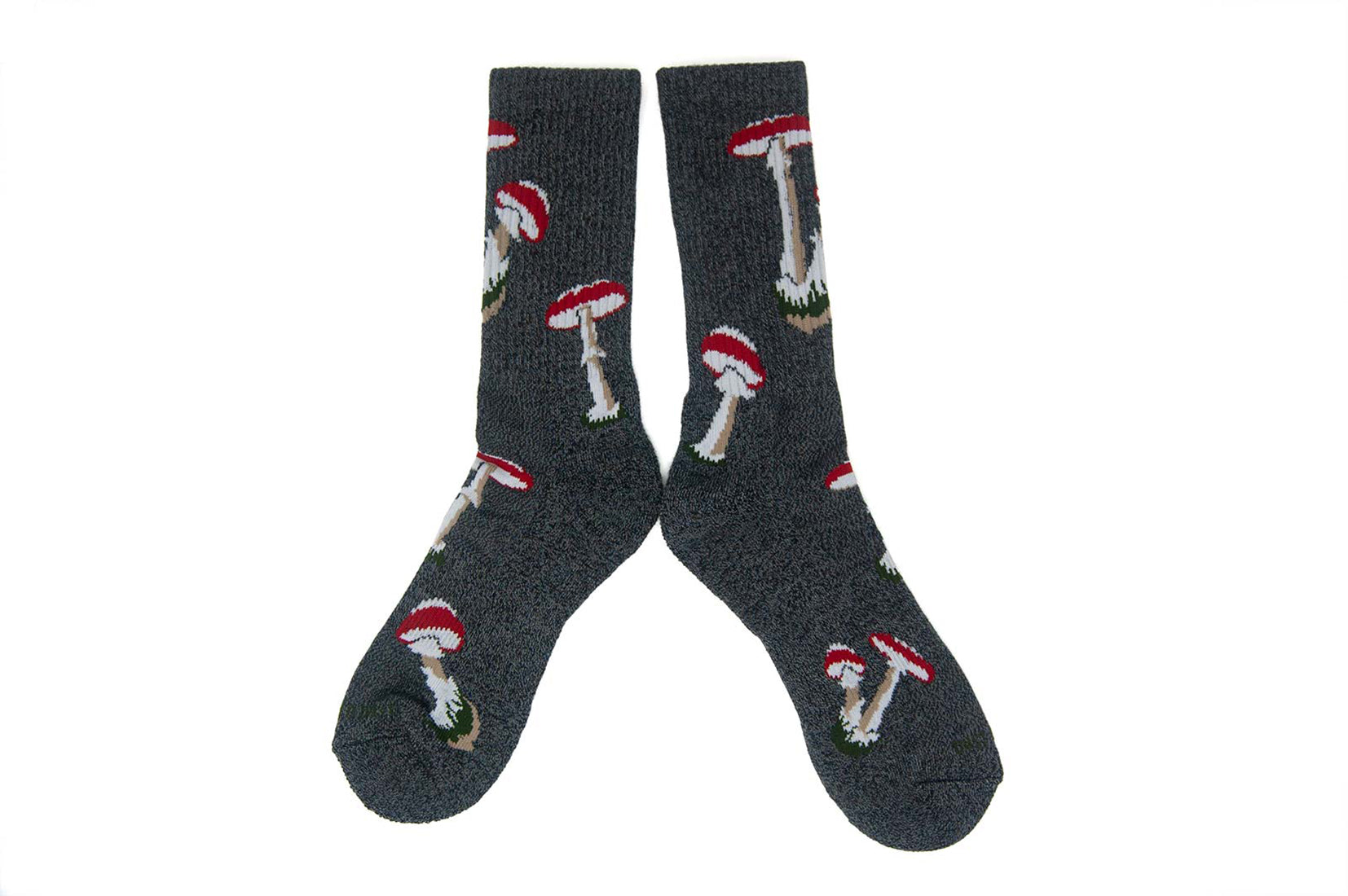 Charcoal men’s bamboo blend socks with mushroom pattern made in USA