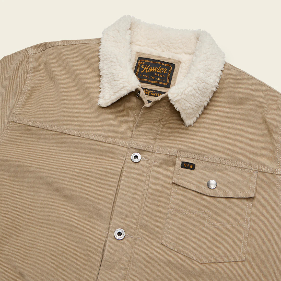 lat lay of Howler Brothers Fuzzy Depot Jacket – Ivory fleece collar and button front in tan corduroy – The Simple Man
