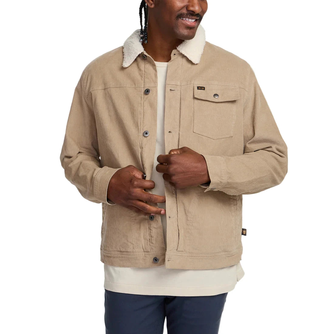 Howler Brothers Fuzzy Depot Jacket in Putty – Front view worn open with soft sherpa collar and chest snap pocket – The Simple Man