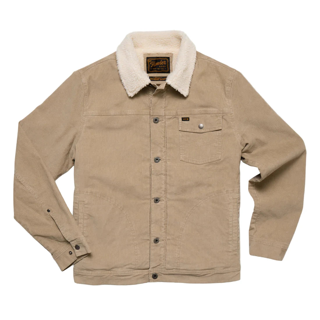 Howler Brothers Fuzzy Depot Jacket Putty – Full front view with classic trucker cut and cozy sherpa lining – The Simple Man