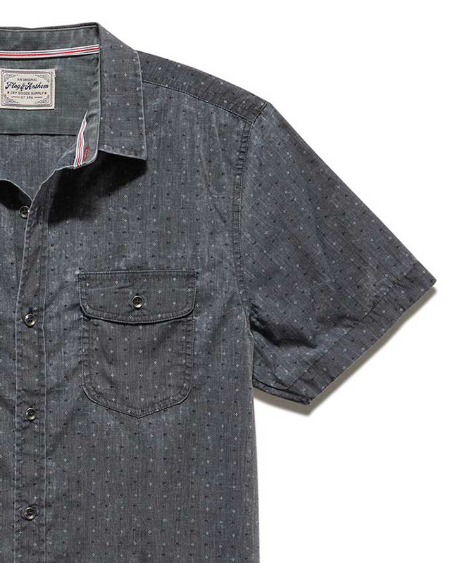 Flag & Anthem Gardendale short sleeved shirt in charcoal, close up fabric detail  view