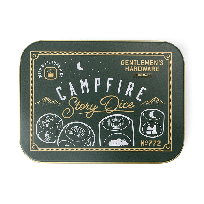 Gentlemen's hardware campfire story dice in metal tin, front of tin