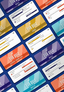 Pub Quiz trivia cards in colorful categories including music, sport, movies, and general knowledge—fun home trivia game from The Simple Man.