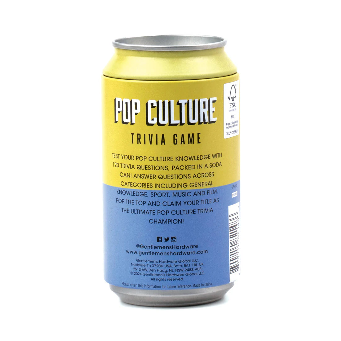 Back label of Pop Quiz in a Can trivia game by Gentlemen’s Hardware showing 120 pop culture trivia categories including music, film, sports, and general knowledge