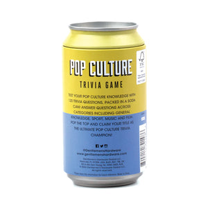 Back label of Pop Quiz in a Can trivia game by Gentlemen’s Hardware showing 120 pop culture trivia categories including music, film, sports, and general knowledge