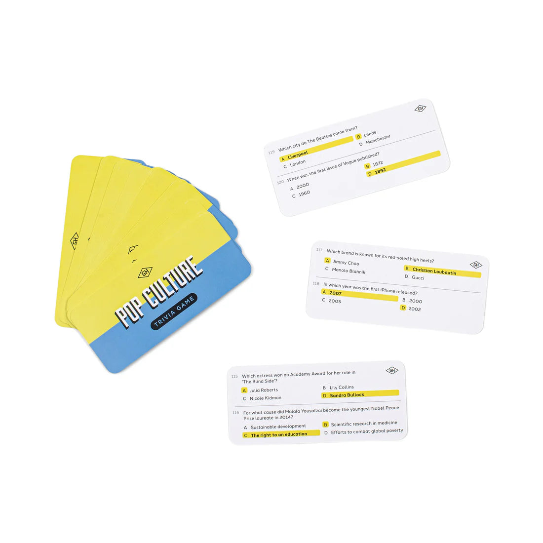 Pop Culture Trivia Game question cards spread out, featuring 120 pop culture trivia questions from Gentlemen’s Hardware – fun gift for men and game night essential.