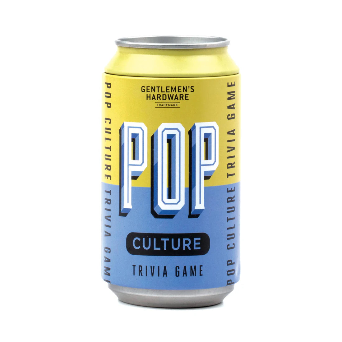 Front of Pop Culture Trivia Game can by Gentlemen’s Hardware, yellow and blue soda can-style packaging designed for men’s gifts and party games.
