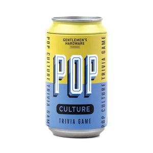 Front of Pop Culture Trivia Game can by Gentlemen’s Hardware, yellow and blue soda can-style packaging designed for men’s gifts and party games.