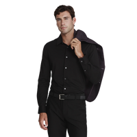 Black stretch button-up shirt worn with a jacket draped over the shoulder - Girona Long Sleeve Shirt, front styled view - The Simple Man