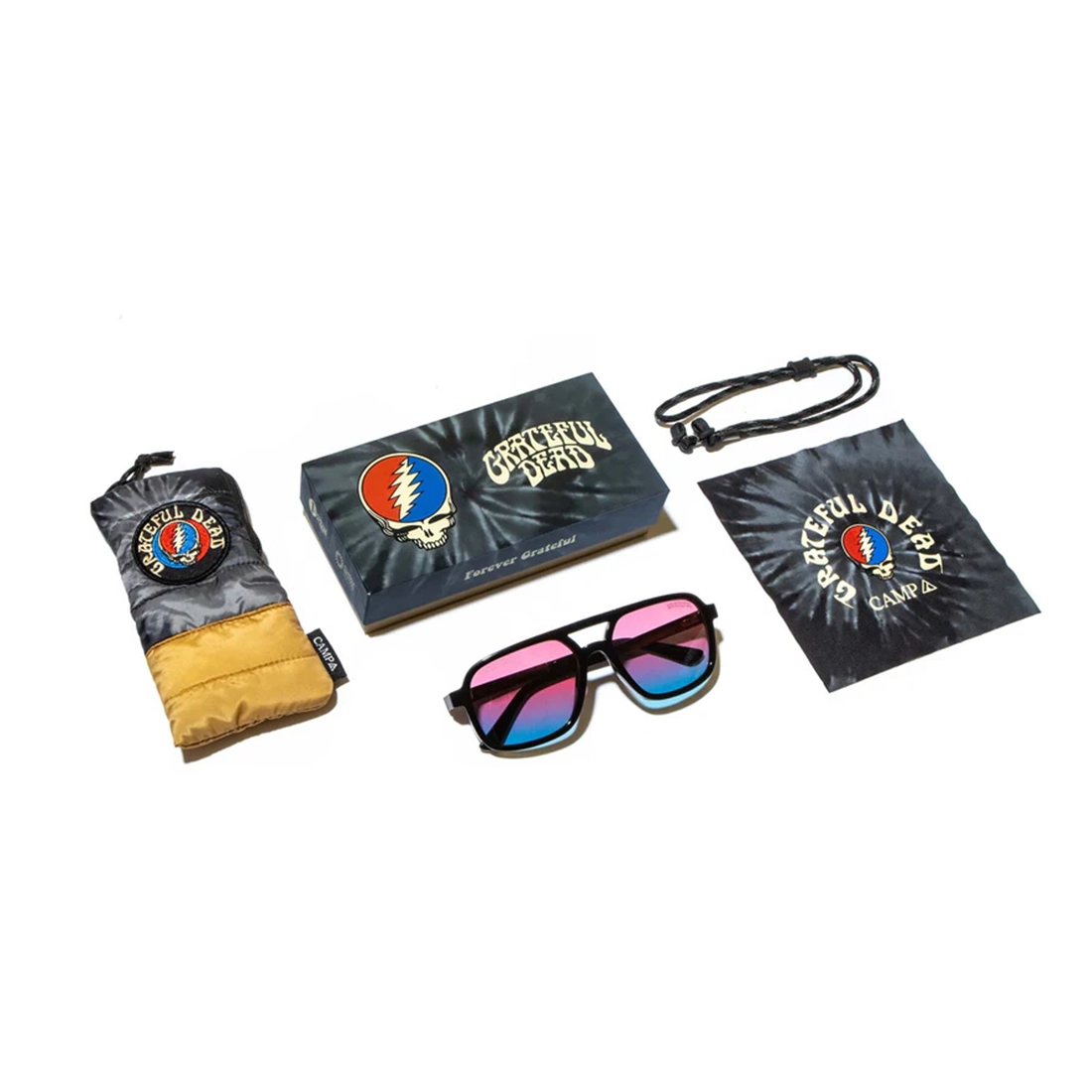 Grateful Dead Glacier sunglasses bundle with travel pouch, cleaning cloth and retainer