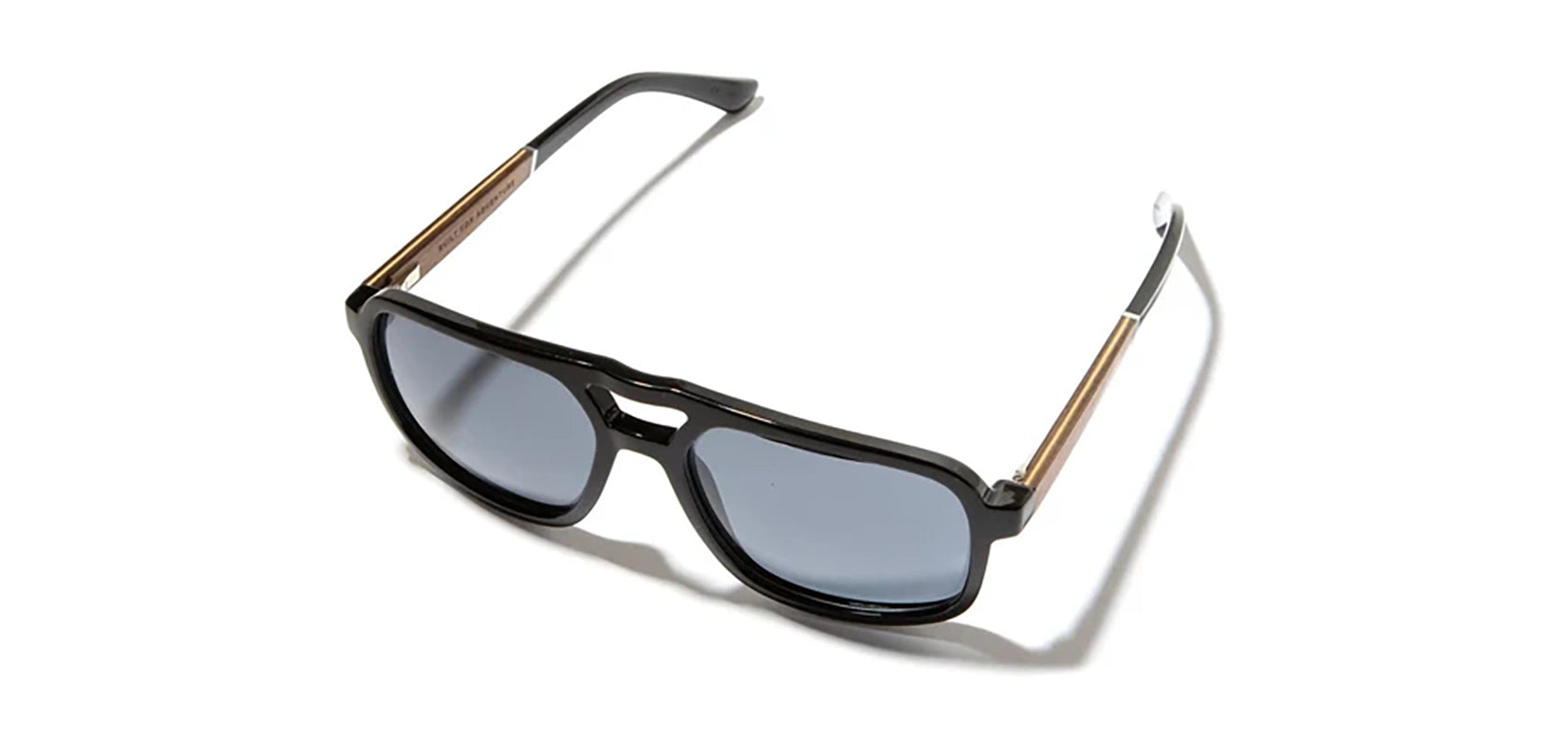 AMP Glacier Sunglasses front side angle showing matte black frame and wood inlays