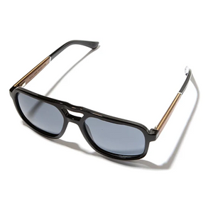 Sunglasses with black frame and blue lenses on a white background