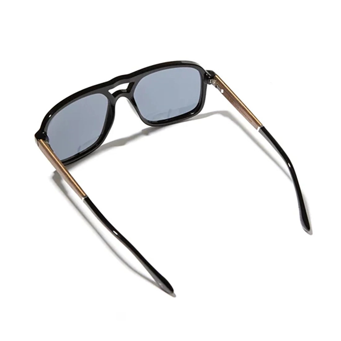 Sunglasses with black frame and blue lenses on a white background