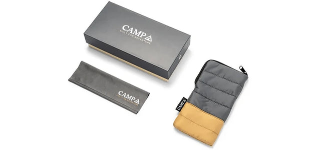 CAMP Glacier Sunglasses packaging set with travel pouch, cleaning cloth, and gift box