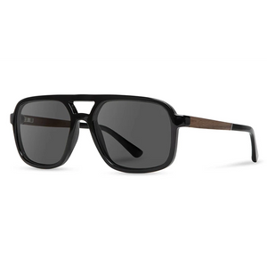 Sunglasses with black frame and dark lenses on a white background