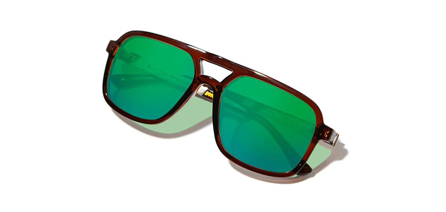 Camp Glacier Sunglasses in Clay & walnut frames, with HD+ Green Flash polarized lenses, front angled Closed temple view
