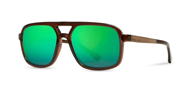 Camp Glacier Sunglasses in Clay & walnut frames, with HD+ Green Flash polarized lenses, front angled view