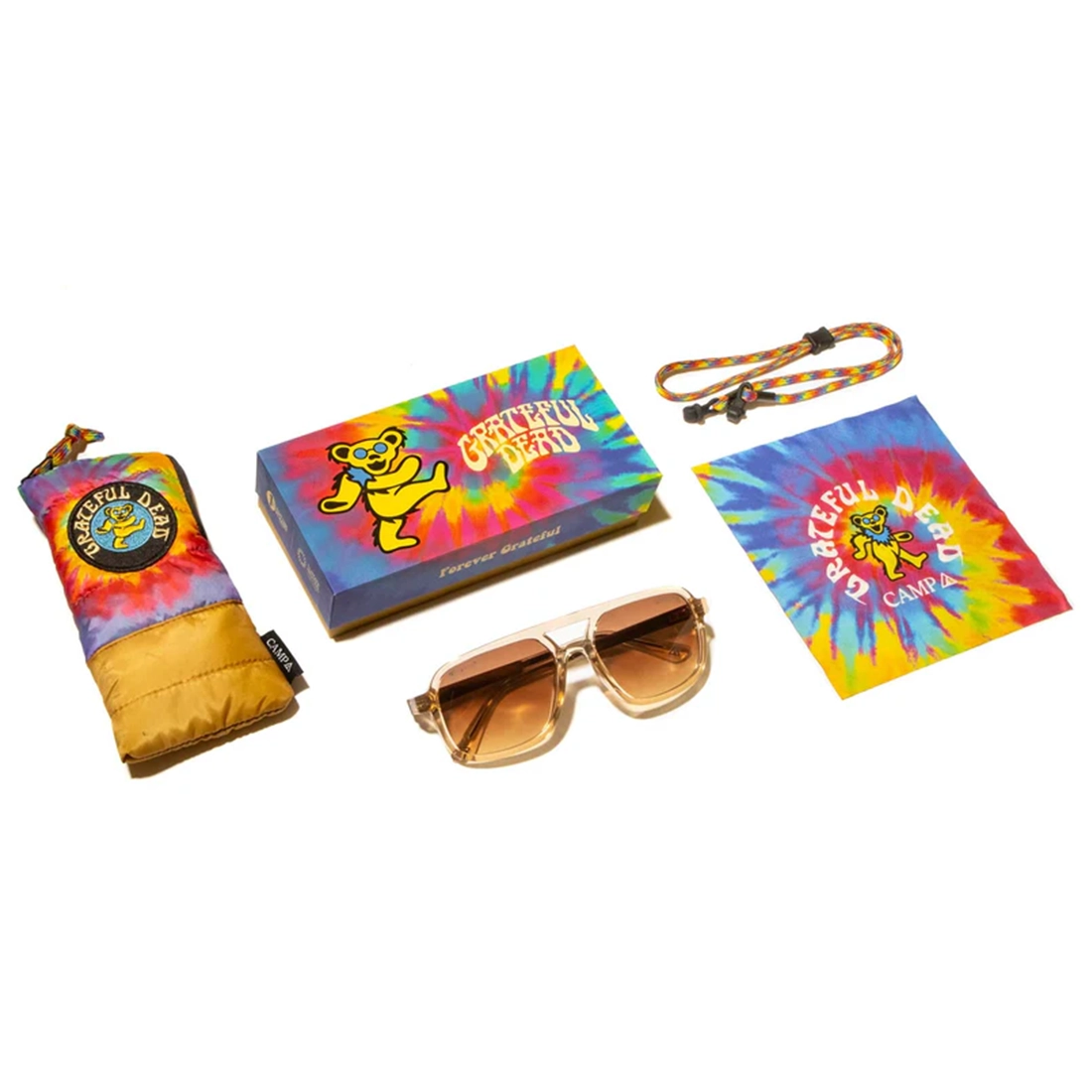Grateful Dead Bears sunglasses with tie dye box pouch cleaning cloth and paracord retainer