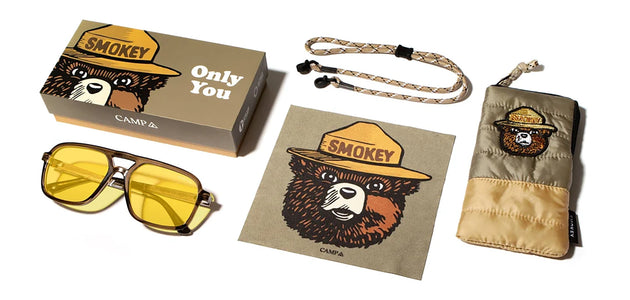 Camp Glacier Sunglasses, moss/walnut with Yellow polarized lenses, glasses and packaging