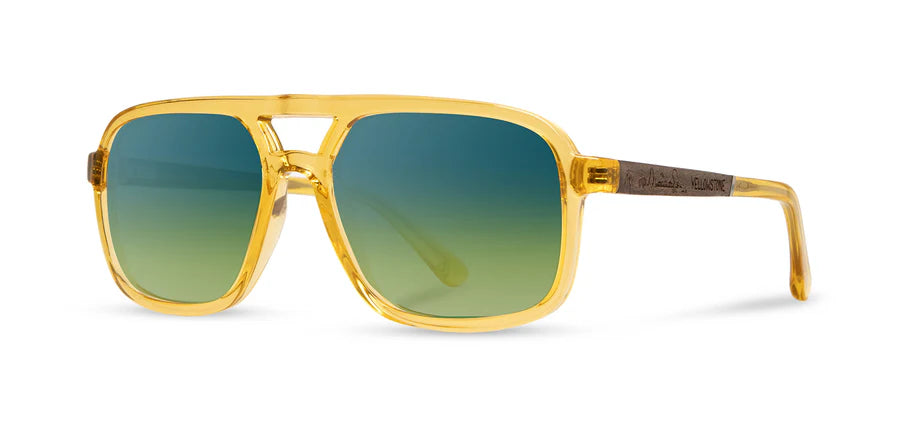 Side angle view of CAMP Glacier Yellowstone sunglasses with green gradient polarized lenses and wood inlay – durable men’s sunglasses at The Simple Man.