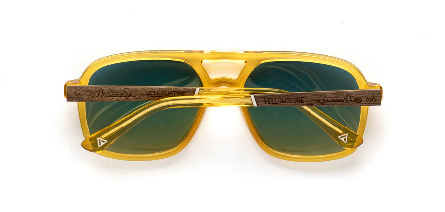 Back view of CAMP Glacier sunglasses in limited-edition Sap frame with Yellowstone wood engraving on temples – men’s eyewear at The Simple Man.