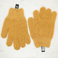 Pair of tan exfoliating shower gloves laid flat