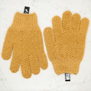 Pair of tan exfoliating shower gloves laid flat