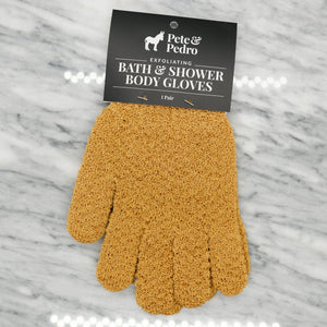 Tan exfoliating shower gloves with hang tag