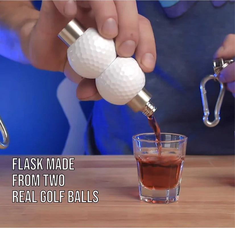 Golf Ball Flask, showing liquor poring out