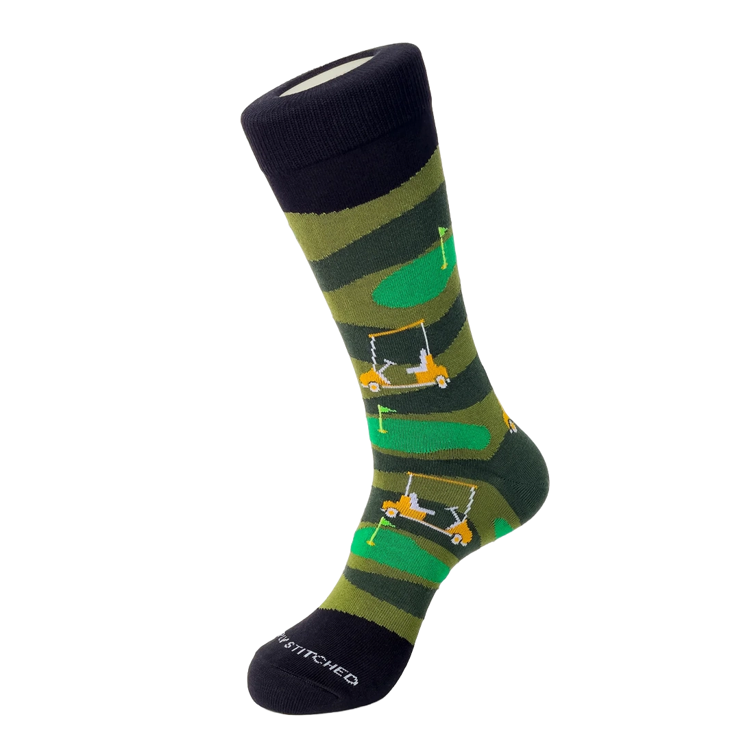 Unsimply Stitched Golf Course Sock in Black Green, flat lay view of golf cart pattern