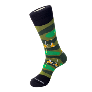 Unsimply Stitched Golf Course Sock in Black Green, flat lay view of golf cart pattern