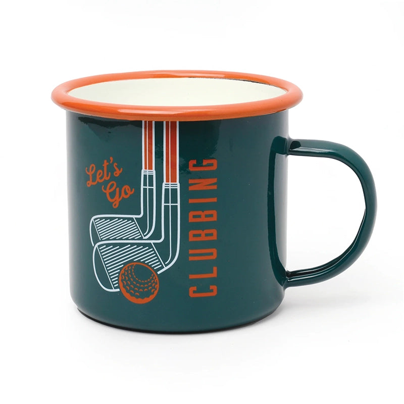 Gentlemen's Hardware enamel mug with "Lets go Golfing" graphic front side