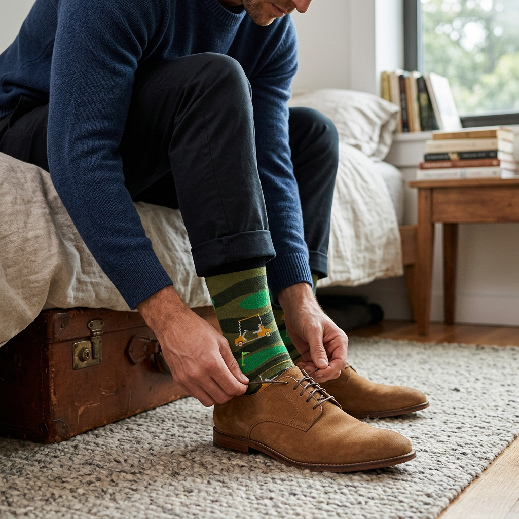 Man tying suede boots wearing Unsimply Stitched Golf Course Sock in Black Green, lifestyle shot