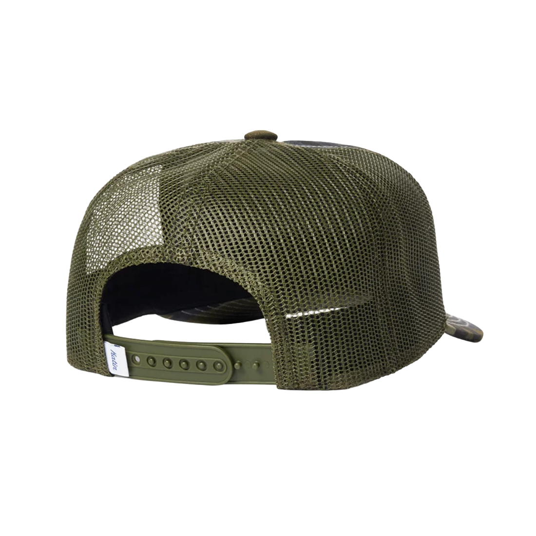 Katin Good Times Trucker Hat in Camo, back view showing mesh panels and snapback closure