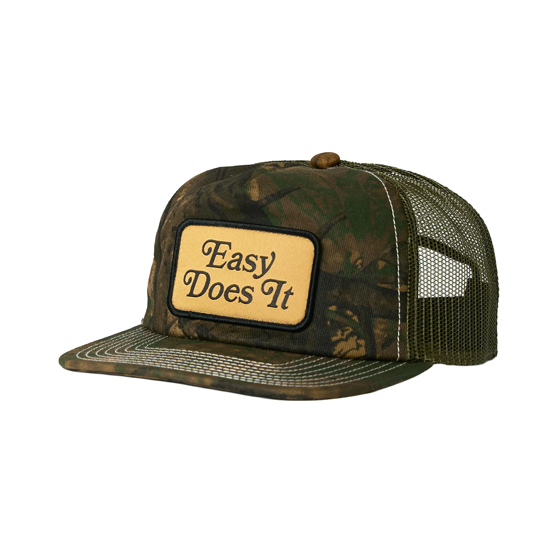 Katin Good Times Trucker Hat in Camo with Easy Does It patch, side angle product shot
