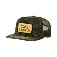 Katin Good Times Trucker Hat in Camo with Easy Does It patch, side angle product shot