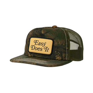 Katin Good Times Trucker Hat in Camo with Easy Does It patch, side angle product shot