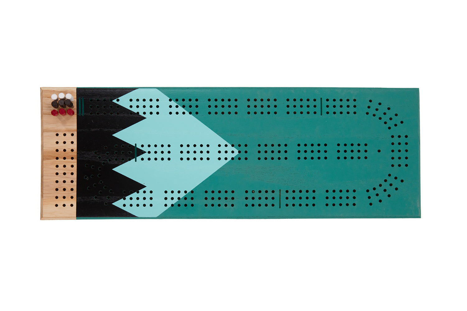 Gooseberry cribbage board with teal and black painted design and included pegs, shown from a top-down view.