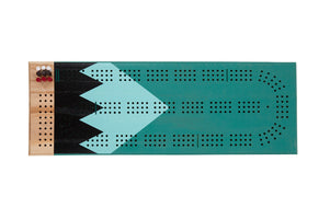 Gooseberry cribbage board with teal and black painted design and included pegs, shown from a top-down view.