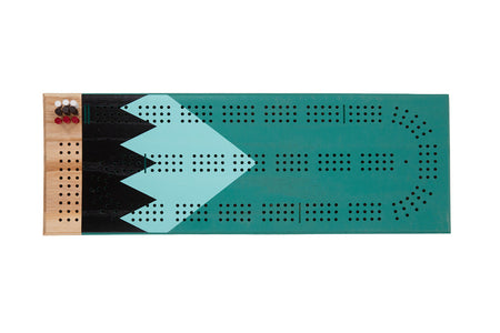 Gooseberry cribbage board with teal and black painted design and included pegs, shown from a top-down view.