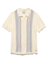 Flag and Anthem Grady Sweater Polo flat lay in oatmeal – vintage vertical stripe knit short sleeve polo 40% nylon blend white background