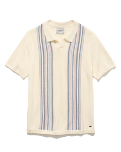 Flag and Anthem Grady Sweater Polo flat lay in oatmeal – vintage vertical stripe knit short sleeve polo 40% nylon blend white background