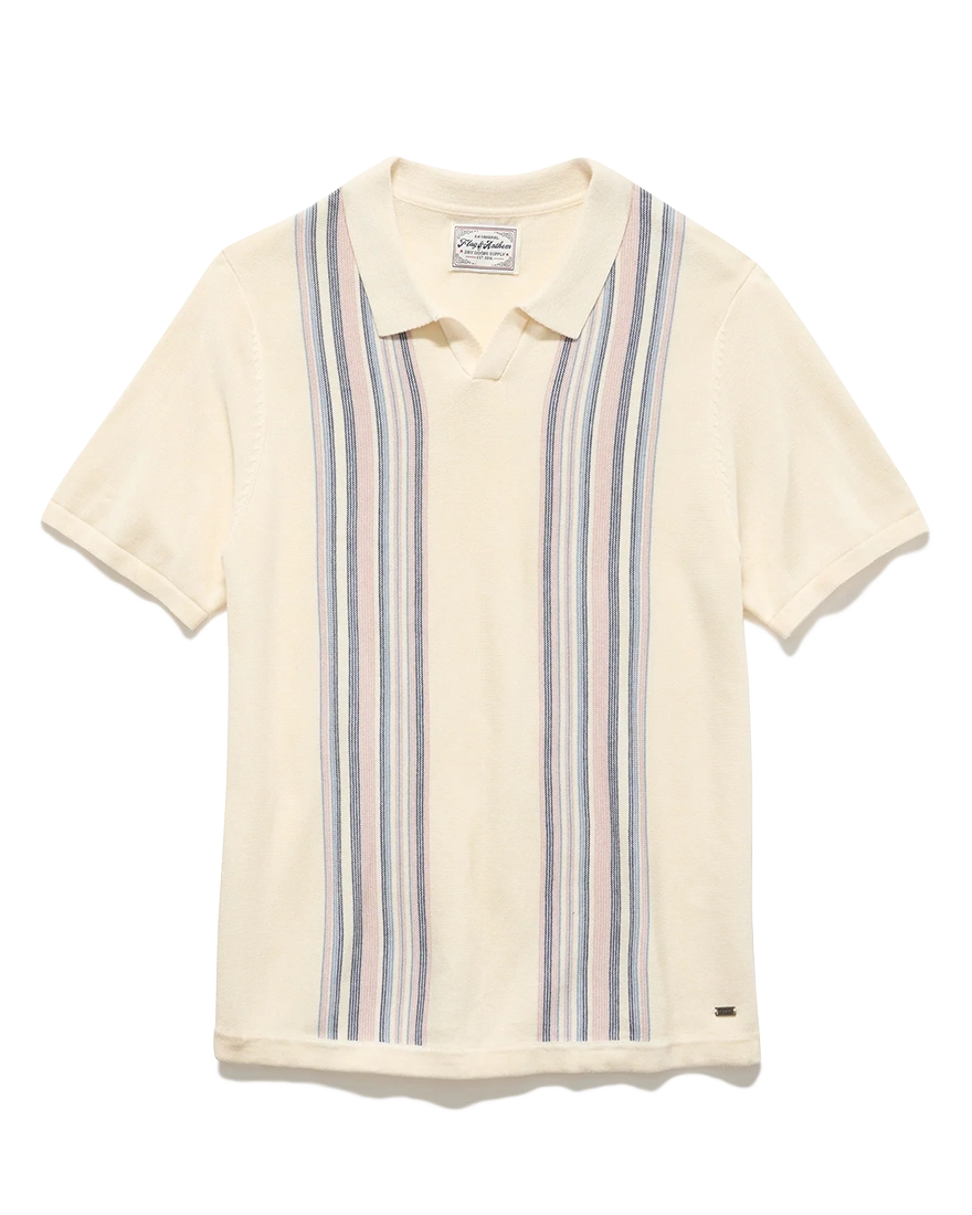 Flag and Anthem Grady Sweater Polo flat lay in oatmeal – vintage vertical stripe knit short sleeve polo 40% nylon blend white background
