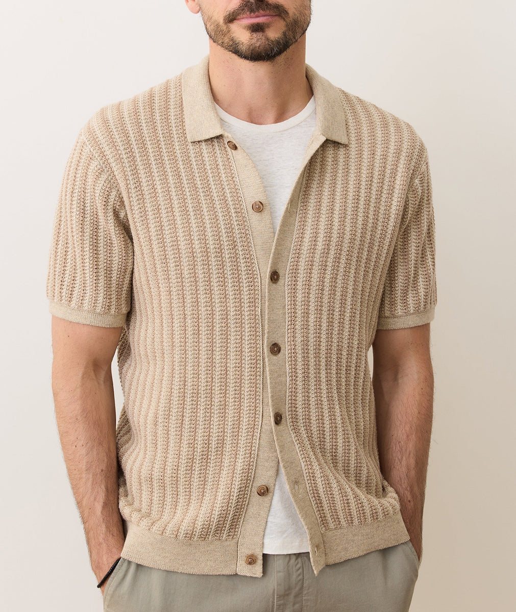Model wearing Graham Sweater Button Down with hands in pockets, highlighting natural drape and button-through front