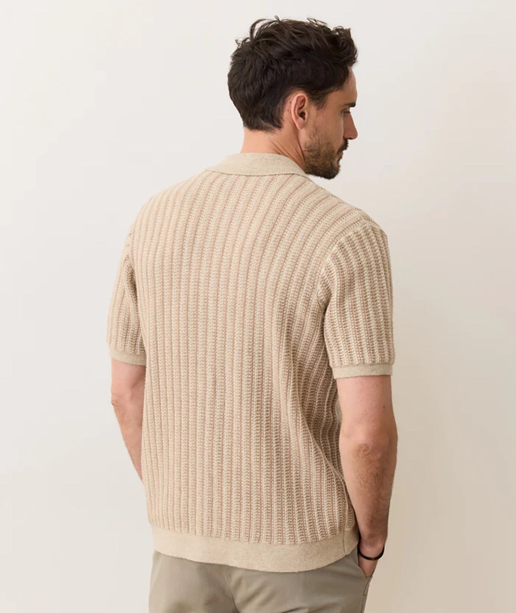Back view of taupe Graham Sweater Button Down, showing ribbed knit texture and relaxed fit