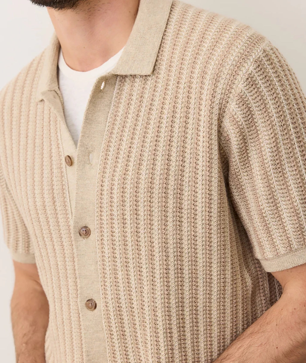 Close-up of Graham Sweater Button Down showing textured knit pattern and soft resort collar detail